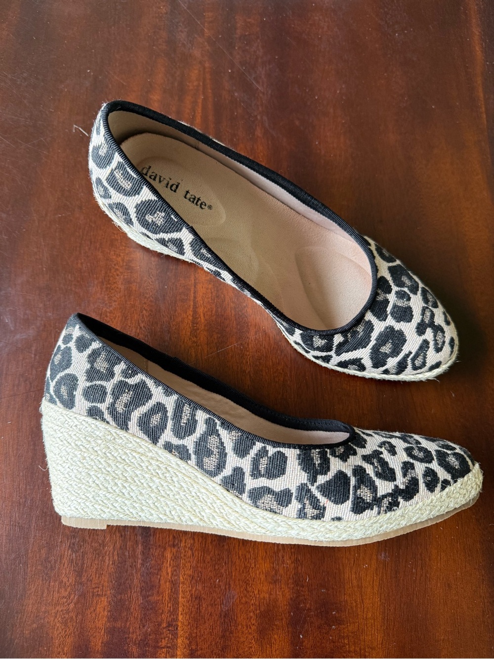 David Tate Leopard-Print Espadrille Wedge Pumps - Black & Cream size 6W